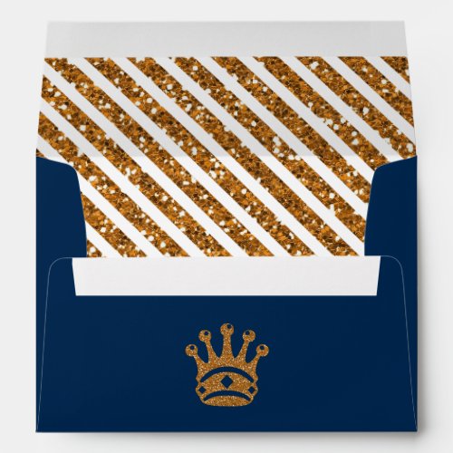 Navy Blue Royal Prince Crown Faux Gold Glitter Envelope