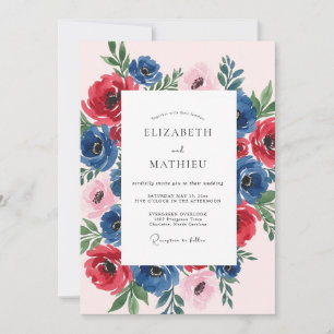 Navy Blue Ruby Blossoming Spring Wedding Invitation