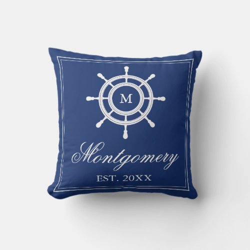 Navy Blue Rudder Monogram  Family Name Throw Pillow