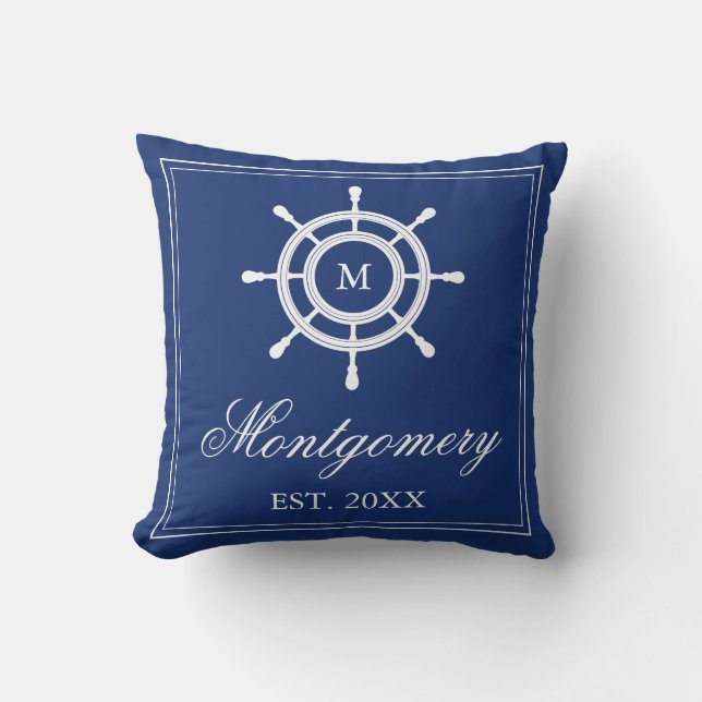 Navy Blue Rudder Monogram & Family Name Throw Pillow (Front)