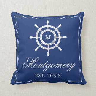 Navy Blue Rudder Monogram & Family Name Throw Pillow
