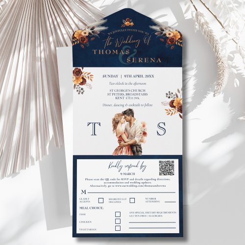 Navy Blue Rust All_In_One QR Code Pampas Grass  All In One Invitation