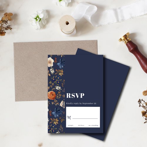 Navy Blue Rust Dark Boho Floral Wedding RSVP Card