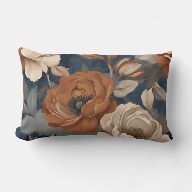 Navy Blue Rust Modern Farmhouse Floral Lumbar Pillow (Front)