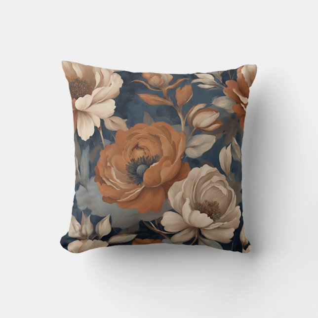 Navy Blue Rust Modern Farmhouse Floral Throw Pillow (Front)