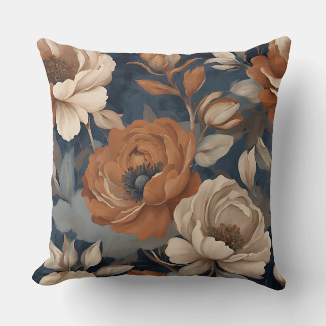 Navy Blue Rust Modern Farmhouse Floral Throw Pillow (Front)