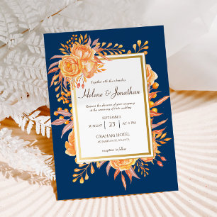 Navy Blue Rust Orange Rustic Elegant Wedding Invitation