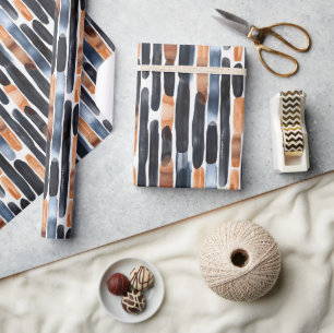 Navy Blue Rust Orange Stripes Birthday Wrapping Paper
