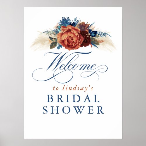 Navy Blue Rust Terracotta Bridal Shower Welcome Poster