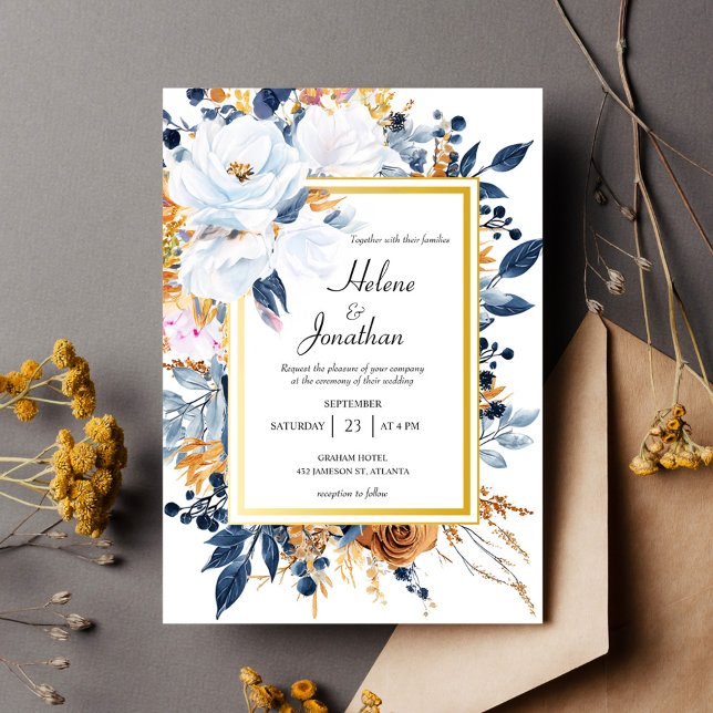 Navy Blue Rust Terracotta Floral Elegant Wedding Invitation (Navy Blue Rust Terracotta Floral Elegant Wedding Invitation)