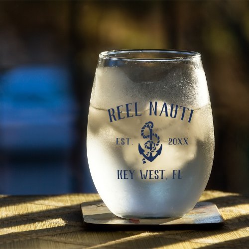 Navy Blue Rustic Anchor  Boat Name Stemless Wine Glass