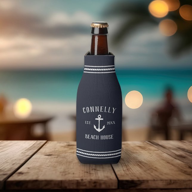 Navy Blue Rustic Anchor Personalized Beach House Bottle Cooler (Creator Uploaded)
