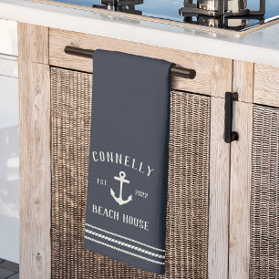 Navy Blue Rustic Anchor Personalized Beach House Kitchen Towel