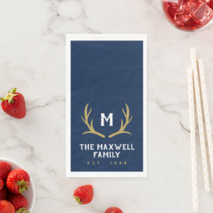 Navy Blue Rustic Antler Monogram Paper Guest Towels