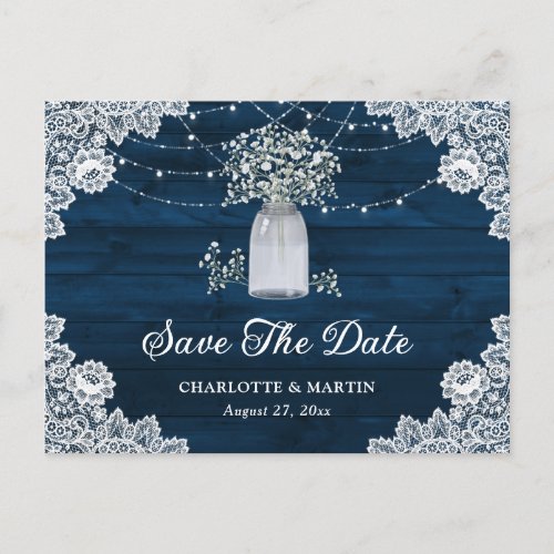 Navy Blue Rustic Babys Breath Save The Date Announcement Postcard