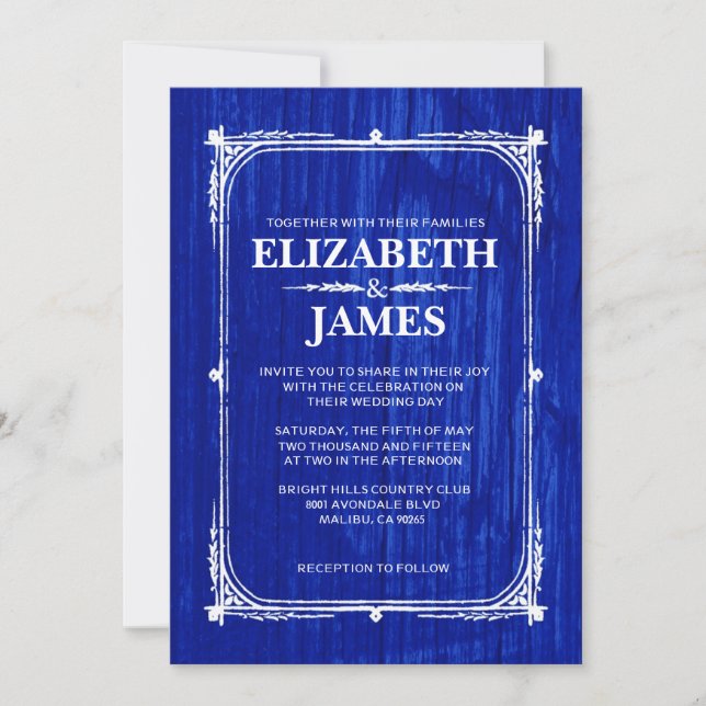 Navy Blue Rustic Barn Wood Wedding Invitations (Front)