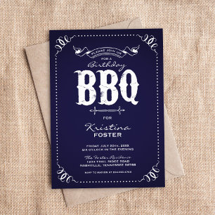 Navy Blue Rustic BBQ Cookout Birthday Party Invitation
