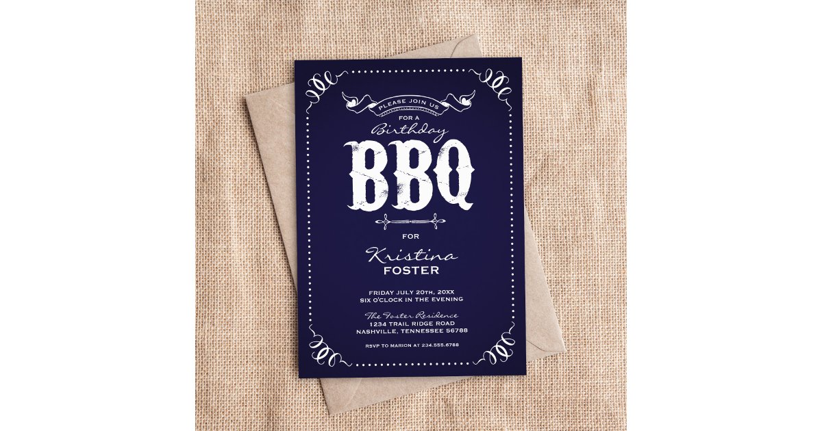 Navy Blue Rustic Birthday Party BBQ Invitation | Zazzle