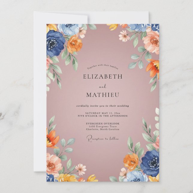Navy Blue Rustic Blossom Wedding Invitation (Front)