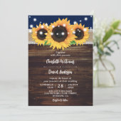 Navy Blue Rustic Burlap and Lace Sunflower Wedding Invitation (Standing Front)