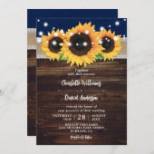 Navy Blue Rustic Burlap and Lace Sunflower Wedding Invitation (Front/Back)