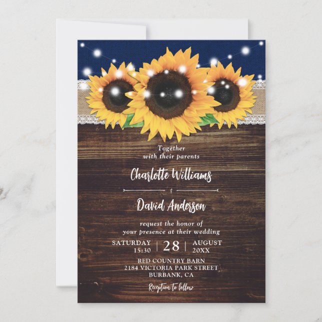 Navy Blue Rustic Burlap and Lace Sunflower Wedding Invitation (Front)