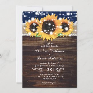 Navy Blue Rustic Burlap and Lace Sunflower Wedding Invitation