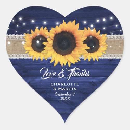 Navy Blue Rustic Burlap Lace Sunflower Wedding Heart Sticker