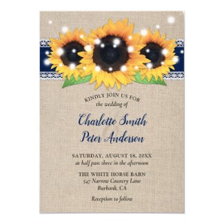 Navy Blue Rustic Burlap Lace Sunflower Wedding Invitation