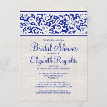 Navy Blue Rustic Burlap Linen Bridal Shower Invite by topinvitations at Zazzle