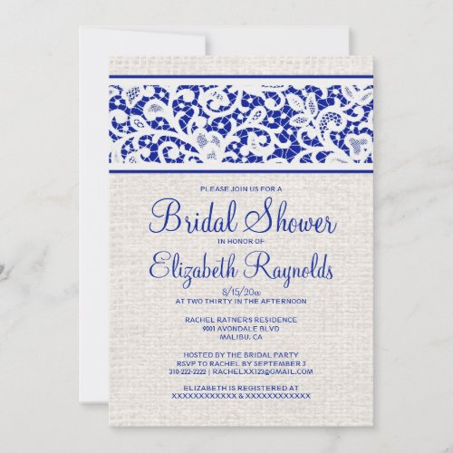 Navy Blue Rustic Burlap Linen Bridal Shower Invite