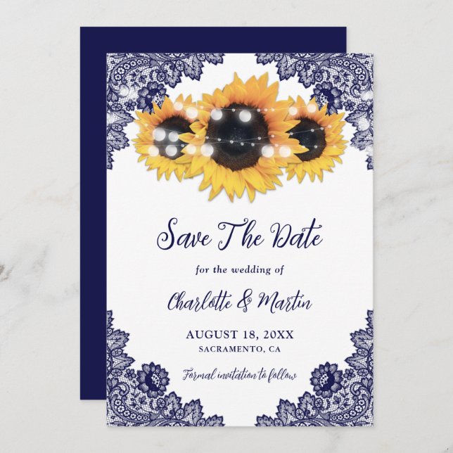 Navy Blue Rustic Chic Lace Sunflower Save The Date (Front/Back)