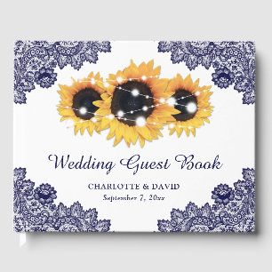 Navy Blue Rustic Chic Lace Sunflower Wedding Guest Book