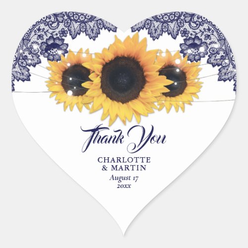 Navy Blue Rustic Chic Lace Sunflower Wedding Heart Sticker
