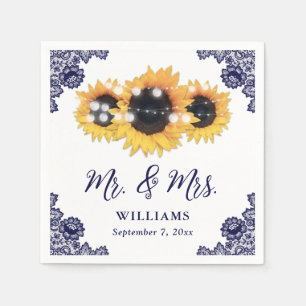 Navy Blue Rustic Chic Lace Sunflower Wedding Napkins