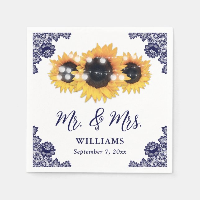 Navy Blue Rustic Chic Lace Sunflower Wedding Napkins (Front)