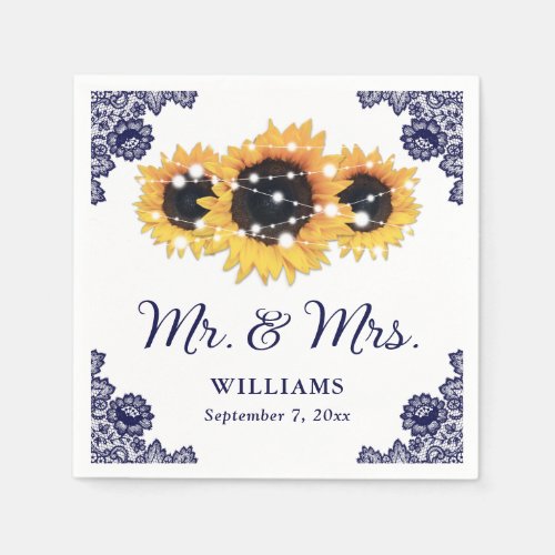 Navy Blue Rustic Chic Lace Sunflower Wedding Napkins