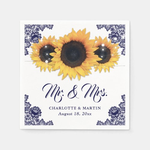 Navy Blue Rustic Chic Lace Sunflower Wedding Napkins