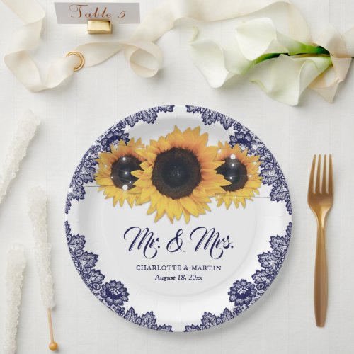 Navy Blue Rustic Chic Lace Sunflower Wedding Paper Plates
