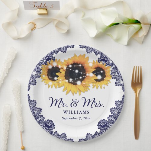 Navy Blue Rustic Chic Lace Sunflower Wedding Paper Plates