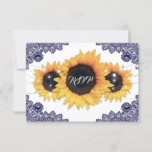 Navy Blue Rustic Chic Lace Sunflower Wedding RSVP Card