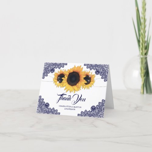 Navy Blue Rustic Chic Lace Sunflower Wedding Thank You Card
