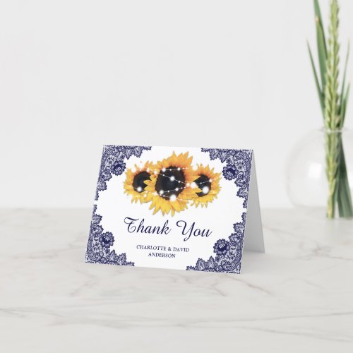 Navy Blue Rustic Chic Lace Sunflower Wedding Thank You Card