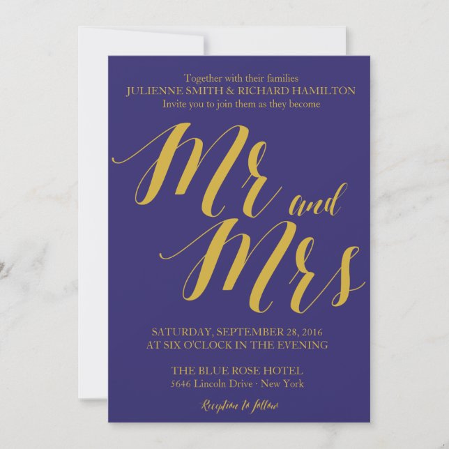 Navy Blue Rustic Chic Mr and Mrs Wedding Invitation (Front)