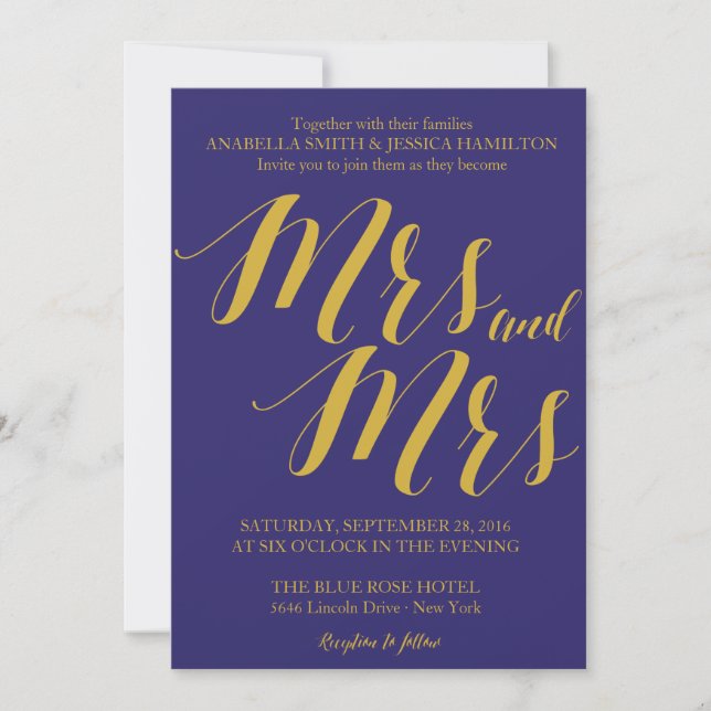 Navy Blue Rustic Chic Mrs and Mrs Lesbian Wedding Invitation (Front)