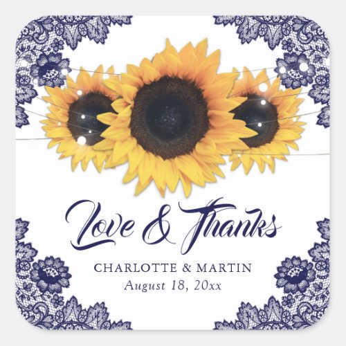 Navy Blue Rustic Chic Sunflower Wedding Thank You Square Sticker