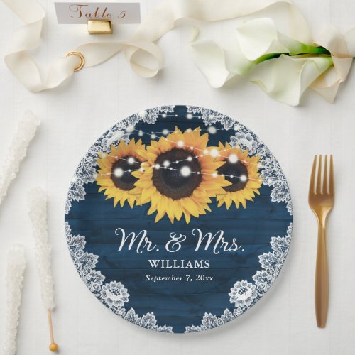 Navy Blue Rustic Chic Wood Lace Sunflower Wedding Paper Plates