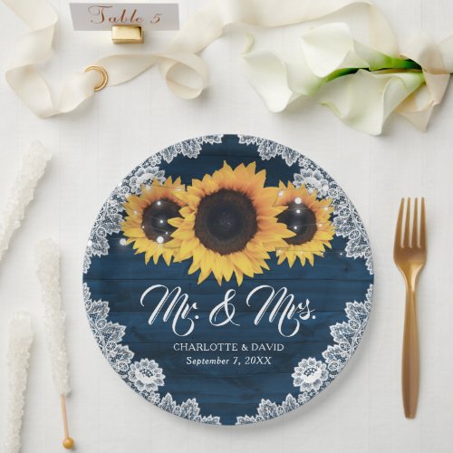Navy Blue Rustic Chic Wood Lace Sunflower Wedding Paper Plates