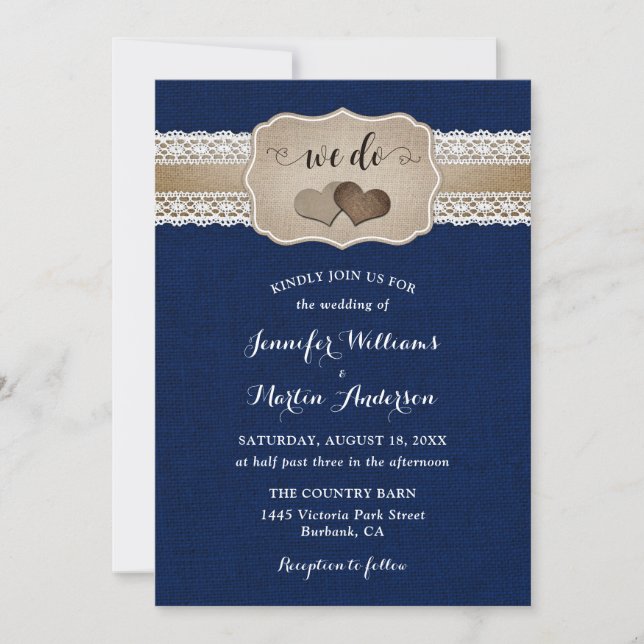 Navy Blue Rustic Country Burlap Lace Wedding Invitation (Front)