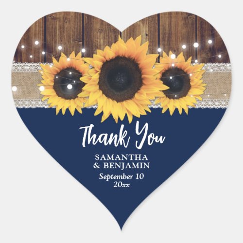 Navy Blue Rustic Country Sunflower Wedding Favor Heart Sticker